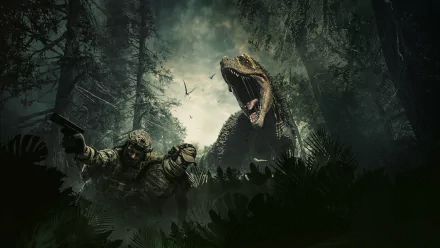 4K Ultra HD desktop wallpaper featuring a tense scene from the movie Jurassic Hunt with Ruben Pla, showing armed soldiers confronting a roaring T-Rex in a dense forest.