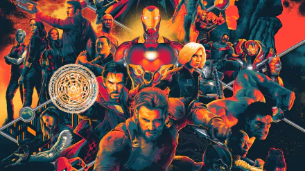 HD PC desktop wallpaper featuring Avengers: Infinity War characters including Wanda Maximoff, Scarlet Witch, Mantis, Drax, Winter Soldier, Hulkbuster, Falcon, Gamora, Captain America, Hulk, Doctor Strange, Black Widow, Nebula, and Iron Man.