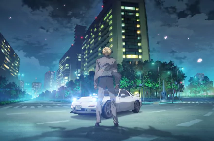 HD PC desktop wallpaper featuring Rei Furuya from Detective Conan standing by a sleek car under a vibrant city night sky, showcasing detailed anime artwork.