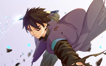 Dynamic 5K Ultra HD PC desktop wallpaper of Seven (Scissor Seven) in an anime action pose, scissors on his back, shards and motion blur against a pale background.
