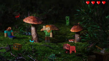 4K Ultra HD Minecraft PC wallpaper depicting characters, mobs, and oversized mushrooms in a dark forest setting from the video game.