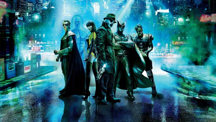 HD PC desktop wallpaper featuring characters from the movie Watchmen standing together on a rainy, neon-lit city street at night.