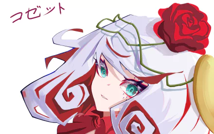 2K Quad HD PC desktop wallpaper of Takt Op. Destiny anime character: white-haired girl with teal eyes, red rose and vine in her hair, red ribbon and stylized geometric cloak.