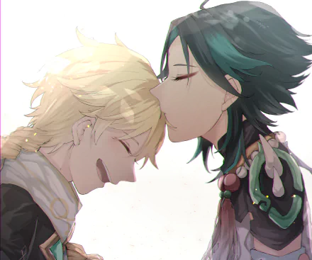 HD PC desktop wallpaper featuring Xiao and Aether from the video game Genshin Impact sharing a tender moment.