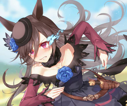 Rice Shower (Uma Musume: Pretty Derby) anime 2K Quad HD PC desktop wallpaper — dynamic pose in a dark frilled dress with blue roses, small hat, flowing hair and a determined expression.