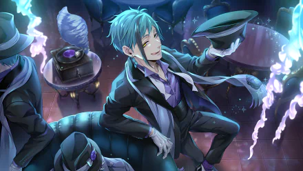 HD PC desktop wallpaper/background of Jade Leech from the video game Twisted Wonderland: teal-haired figure reclining on a velvet sofa, top hat in hand, surrounded by glowing purple-blue magic.