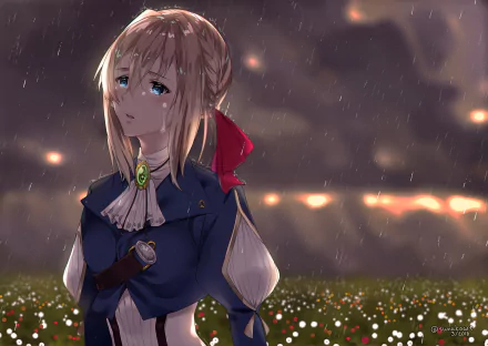 Violet Evergarden anime portrait in rain, blue uniform with red ribbon, wistful expression over a flowered field — HD PC desktop wallpaper and background.