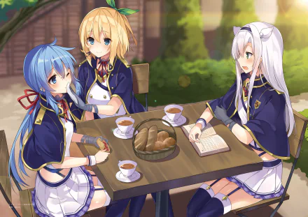 2K PC anime wallpaper of Sistine Fibel, Rumia Tingel and Re=L Rayford from Rokudenashi Majutsu Koushi to Akashic Records: three schoolgirls sharing tea, bread and a book.