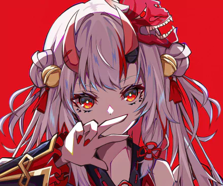 HD anime-style desktop wallpaper featuring Nakiri Ayame, a Virtual YouTuber from hololive, set against a vibrant red background.