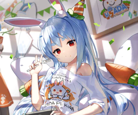 HD PC desktop wallpaper and background of hololive Usada Pekora, anime virtual YouTuber with long blue hair, rabbit ears, red eyes, wearing a bunny T-shirt reclining on a couch.