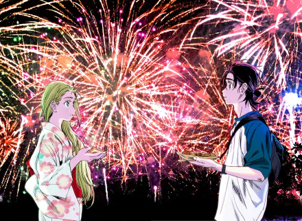 HD anime desktop wallpaper featuring Ushio Kofune and Shinpei Ajiro from Summer Time Rendering, standing face-to-face with colorful fireworks exploding in the night sky.