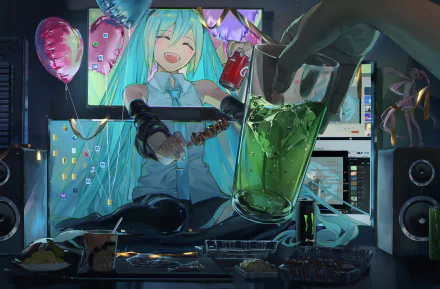 4K Ultra HD anime desktop wallpaper featuring Hatsune Miku, the iconic Vocaloid, joyfully sitting with balloons and vibrant lighting in a dynamic, modern setting.