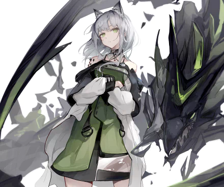 HD PC desktop wallpaper featuring Kal'tsit from the video game Arknights, depicted with a dark dragon and dynamic, detailed artwork.