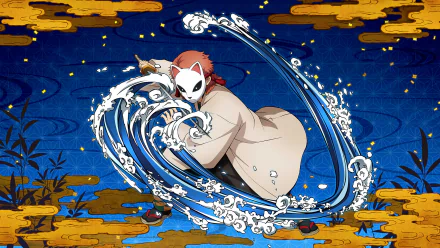 HD PC desktop wallpaper of Sabito (Demon Slayer) from the video game Demon Slayer -Kimetsu no Yaiba- The Hinokami Chronicles, masked swordsman amid swirling water and gold clouds.