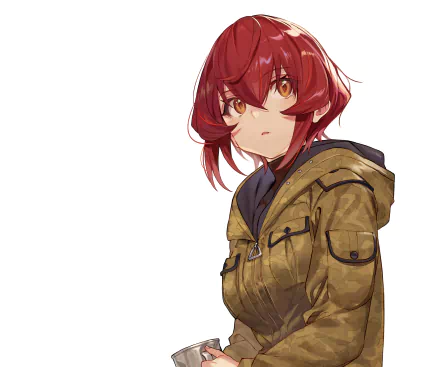 Kurena Kukumila from anime Eighty Six — red-haired young woman in a brown military jacket, gazing forward on a white backdrop. 2K Quad HD PC desktop wallpaper.