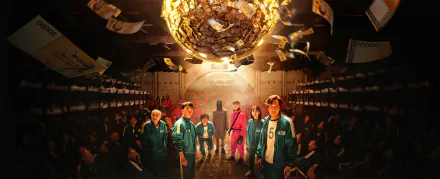 HD PC desktop wallpaper featuring characters from the TV show Squid Game standing beneath a golden sphere with money floating around in a dimly lit room.