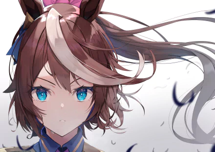 Tokai Teio from Uma Musume: Pretty Derby — close-up anime portrait with blue eyes, brown-and-white hair and horse ears; 4K Ultra HD PC wallpaper.