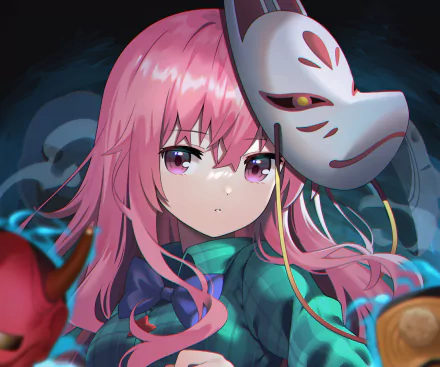 HD PC desktop wallpaper featuring Hata no Kokoro from Touhou, holding a traditional mask with a dark, atmospheric anime-style background.