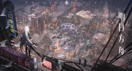 4K Ultra HD PC desktop wallpaper and background: Skadi (Arknights) stands on a rooftop watching a colossal octopus rampage through a neon city — cinematic Arknights video game scene.