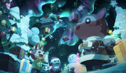 HD PC desktop wallpaper featuring Bunnie and Fauna from Animal Crossing in a festive winter scene with snowmen and holiday decorations.