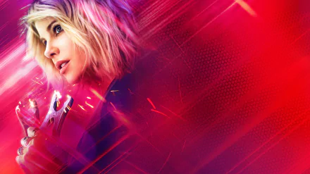 High-resolution 8K Ultra HD desktop wallpaper featuring Kate Beckinsale in a vibrant red-toned scene from the movie Jolt.