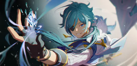 HD PC desktop wallpaper featuring Kaeya from the video game Genshin Impact, showcasing his dynamic pose and icy elemental powers.