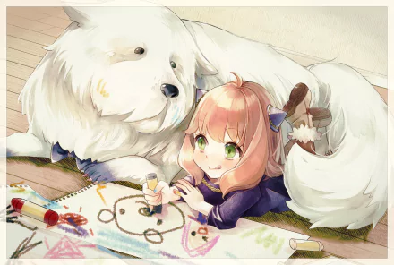 Anya Forger with Bond (Spy x Family) — anime scene of Anya drawing beside the giant white dog. HD PC desktop wallpaper and background capturing a cozy, playful family moment.