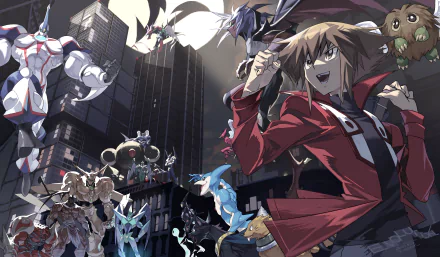 4K Ultra HD anime wallpaper featuring Jaden Yuki and Kuriboh from Yu-Gi-Oh!, set against a dynamic cityscape with vibrant characters in action.