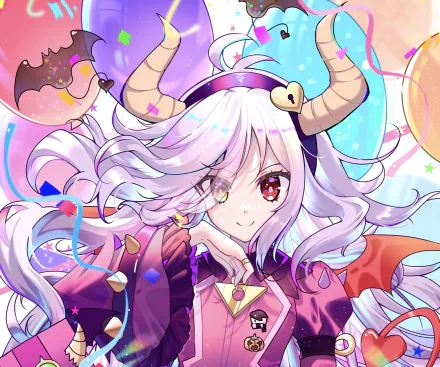 HD PC wallpaper featuring Colette from Brawl Stars with heterochromia and horns, surrounded by vibrant, colorful elements from the video game.