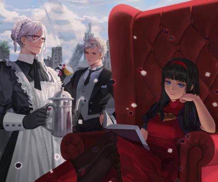Eve and Adam from NieR: Automata in detailed 4K Ultra HD artwork, featuring Eve dressed as a maid and Adam in a tuxedo, with a dark-haired character reading on a red tufted chair.