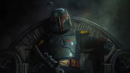Boba Fett from the TV show The Book of Boba Fett sits in a dark, moody setting. This 4K Ultra HD PC desktop wallpaper captures his iconic armor and presence.