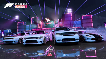 4K Ultra HD Forza Horizon 5 PC wallpaper: lineup of white Dodge Durango SRT, Viper, Charger SRT and Challenger SRT in a neon-lit city with reflective wet pavement.