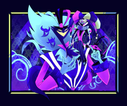 HD PC wallpaper featuring Fizzarolli and Asmodeus from the TV show Helluva Boss in vibrant purple and blue tones.