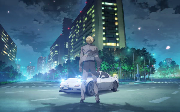 HD PC desktop wallpaper featuring Rei Furuya from Detective Conan standing by a sleek car under a vibrant city night sky, showcasing detailed anime artwork.