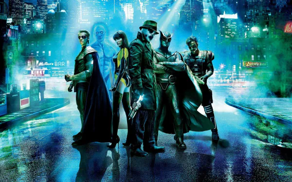 HD PC desktop wallpaper featuring characters from the movie Watchmen standing together on a rainy, neon-lit city street at night.