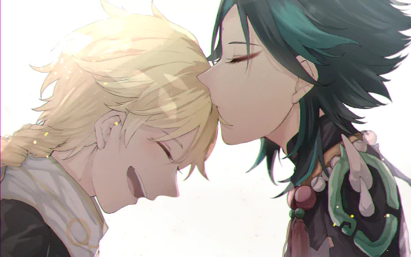 HD PC desktop wallpaper featuring Xiao and Aether from the video game Genshin Impact sharing a tender moment.