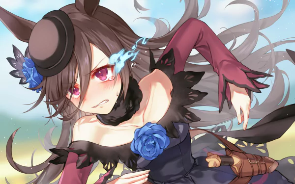 Rice Shower (Uma Musume: Pretty Derby) anime 2K Quad HD PC desktop wallpaper — dynamic pose in a dark frilled dress with blue roses, small hat, flowing hair and a determined expression.