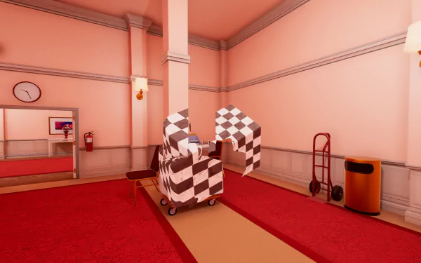 Superliminal game HD desktop wallpaper featuring mind-bending perspective puzzle in a red-toned room.