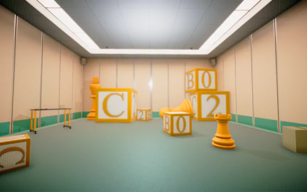 HD Superliminal game wallpaper featuring perspective-based puzzles in a surreal room with oversized chess pieces and letters.