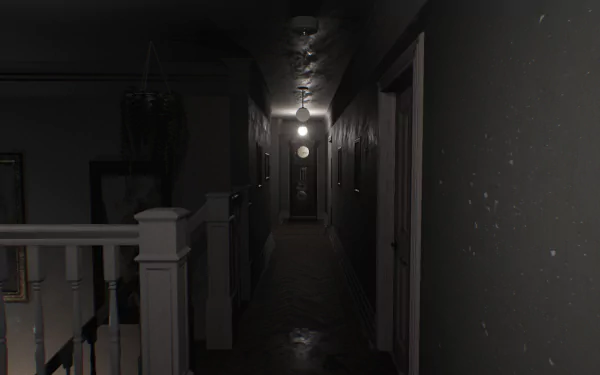 A hauntingly atmospheric HD desktop wallpaper depicting a dimly lit hallway, inspired by the video game Visage, evoking tension and mystery.