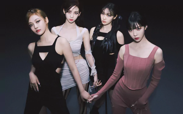 HD PC desktop wallpaper featuring Aespa singers Ningning, Winter, Giselle, and Karina posing together against a dark background.