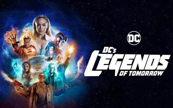 DC's Legends of Tomorrow TV show 4K Ultra HD PC desktop wallpaper: ensemble of costumed heroes and villains against a cosmic blue background with the series logo.