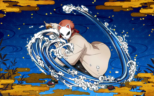 HD PC desktop wallpaper of Sabito (Demon Slayer) from the video game Demon Slayer -Kimetsu no Yaiba- The Hinokami Chronicles, masked swordsman amid swirling water and gold clouds.