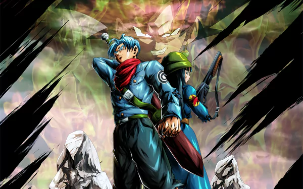 HD Dragon Ball Super desktop wallpaper featuring Trunks, Mai, and Black Goku in dynamic poses with vibrant anime-style graphics and intense background effects.