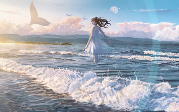 Anime girl in a flowing white dress stands in the ocean waves under a bright sky with a soaring bird, rendered in 4K Ultra HD as a PC desktop wallpaper.