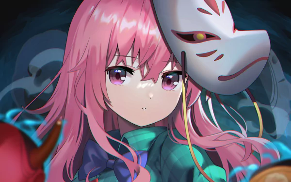 HD PC desktop wallpaper featuring Hata no Kokoro from Touhou, holding a traditional mask with a dark, atmospheric anime-style background.