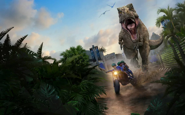 TV show Jurassic World: Camp Cretaceous HD PC desktop wallpaper — teens on an ATV race through jungle foliage as a roaring T. rex charges past park gates under a stormy sky.