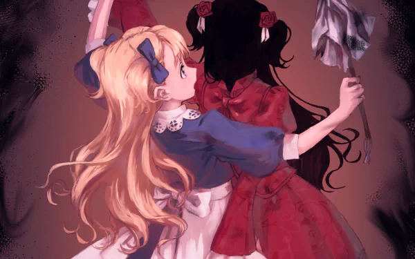 HD anime PC wallpaper: Emilico and Kate (Shadows House) — blonde Emilico in a blue maid dress presses to faceless shadow Kate in a red dress in a tender close embrace.