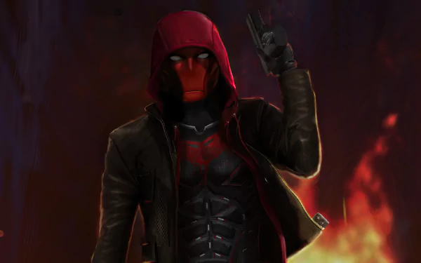 4K Ultra HD PC desktop wallpaper featuring Red Hood from DC Comics in a dark hooded jacket with a fiery background.