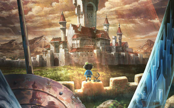 An HD desktop wallpaper featuring Bojji and Kage from the anime Ranking of Kings, standing before a majestic castle under a dramatic sky.